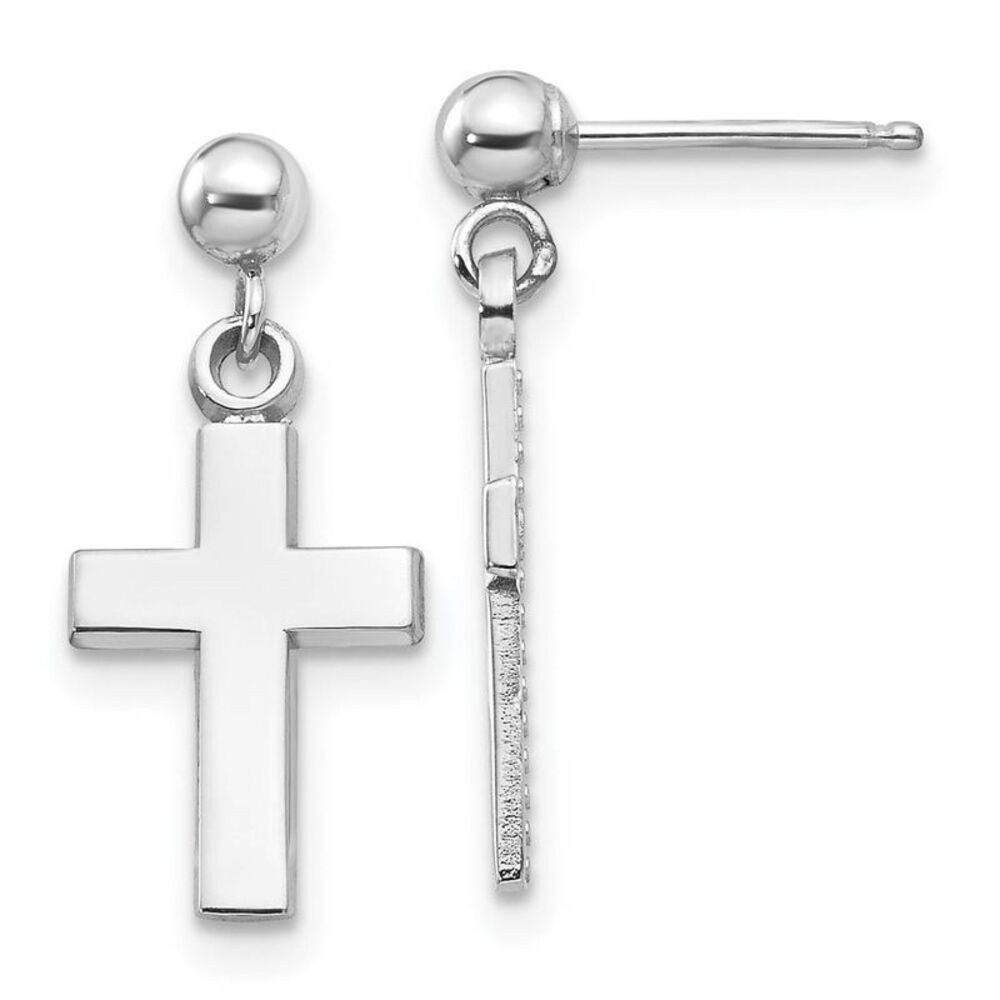 Small Polished Latin Cross Dangle Post Earrings in 14k White Gold